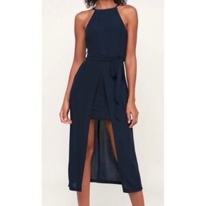 Black Swan Navy Blue Halter High-Low Midi Dress with Front Slit XL (NO BELT) NWT